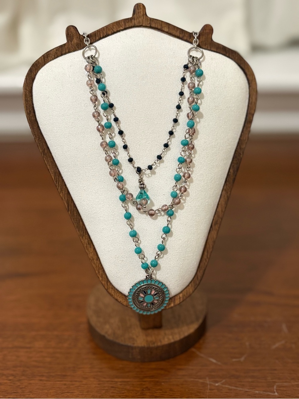 Handcrafted Turquoise Beaded Layered Pendant Necklace - Women Jewelry